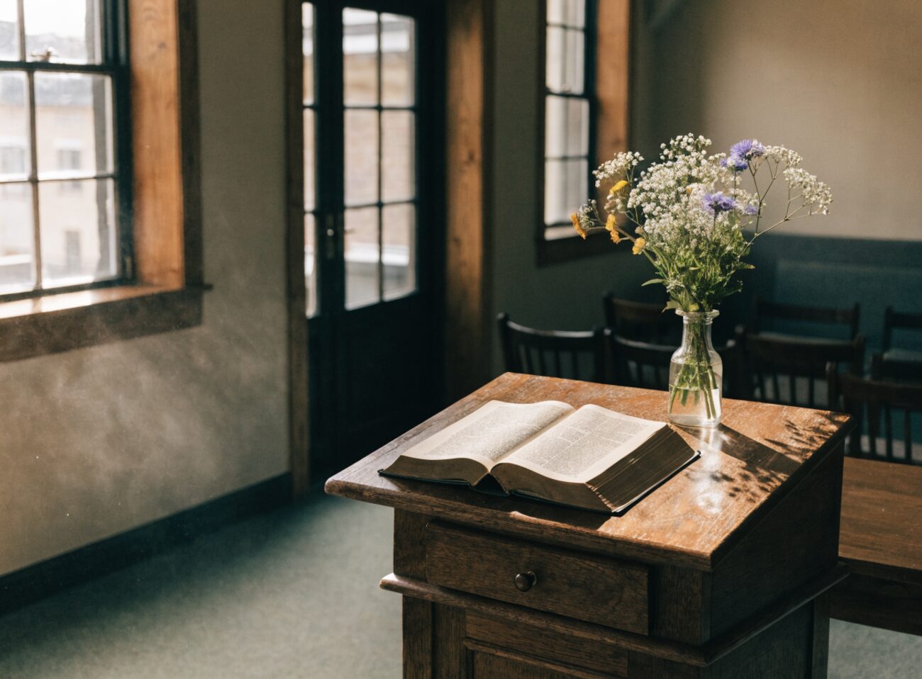 An open Bible rests on a wooden lectern beside a vase of wildflowers in a quiet, sunlit sanctuary